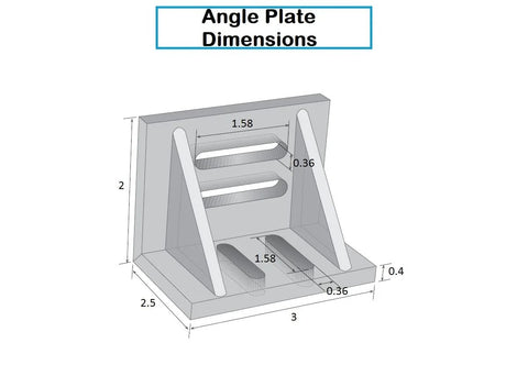 Angle plate and matched block-set, front isometric view; gray metal base 3x2.5x2 in with two support legs.