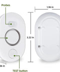 Diagram of Five Pack Water Leak Detectors with 100dB Alarm showing dimensions and probe placement for home use.