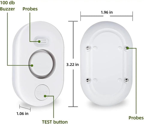 Diagram of Five Pack Water Leak Detectors with 100dB Alarm showing dimensions and probe placement for home use.