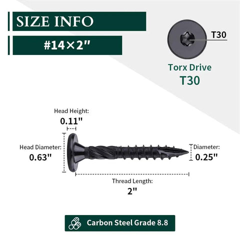Heavy Duty 14 X 2 Inch Structural Deck Lag Screws With Epoxy Coating For Outdoor Timber And Fences, Rust Resistant Black Finish, Torx T30 Drive Bit Included, 50 Pack For Pergolas Log Cabins Landscaping Wood, showing size and specifications.