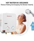 Woman enjoying shower with Propane Tankless Water Heater For Outdoors On Demand Hot Water 1.32 GPM Portable Gas Heater.