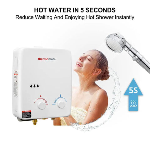 Woman enjoying shower with Propane Tankless Water Heater For Outdoors On Demand Hot Water 1.32 GPM Portable Gas Heater.