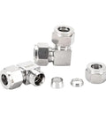 Pysrych 304 stainless steel 90-degree compression tube elbow, 3/8 in OD x 3/8 in OD, pack of 2, front view