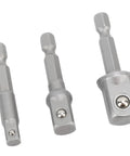 Versatile 3-Piece Power Drill Adapter Socket Set Featuring 1/4, 3/8 And 1/2 Inch Hex Shank To Drive Converters For Impact Drivers Electric Drills And Screwdrivers Tough Stainless Steel Build For Serious DIY And Pro Work This Essential Tool Accessory Kit, three adapters