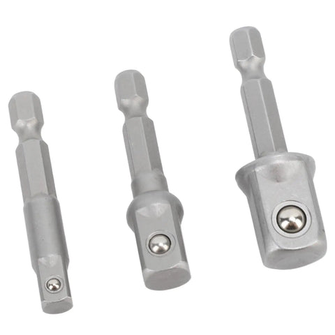 Versatile 3-Piece Power Drill Adapter Socket Set Featuring 1/4, 3/8 And 1/2 Inch Hex Shank To Drive Converters For Impact Drivers Electric Drills And Screwdrivers Tough Stainless Steel Build For Serious DIY And Pro Work This Essential Tool Accessory Kit, three adapters