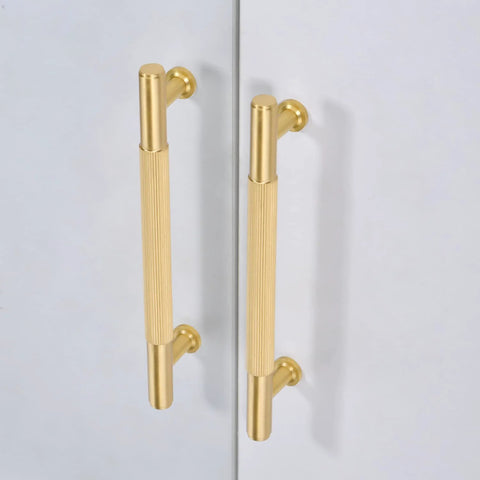 Five Pack Brushed Gold Cabinet Handles Set Made From Solid Brass Ideal For Kitchen Drawers And Cabinets Five Inch Furniture Door Pulls