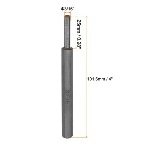 3/16 Inch Non Marring Pin Punch Drive Tool Built Tough From Carbon Steel A Handy Center Hole Alignment Punch For Watch Repair Jewelry Making Auto Metalworking And Diy Craft Projects. Image shows pin punch with measurements 3/16 inch diameter and 101.6mm length.