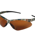Heavy Duty Sports Safety Glasses Featuring Fresh Camo Frames And Bronze Tint Lenses For Top Shelf Job Site Protection And Hella Comfy Six Pair Value Pack With Solid Impact Resistance, side view.