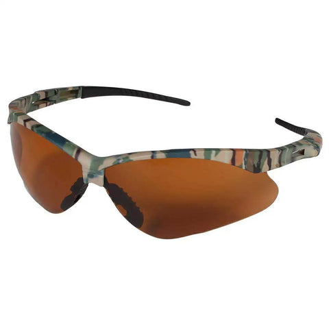 Heavy Duty Sports Safety Glasses Featuring Fresh Camo Frames And Bronze Tint Lenses For Top Shelf Job Site Protection And Hella Comfy Six Pair Value Pack With Solid Impact Resistance, side view.