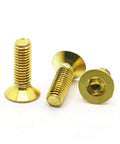 Brass Dlat Hex Socket Countersunk Head Bolts Set M3 To M8, 30mm Length, 2-5 Pieces, Metric Threads 0.5 0.7 0.8 1.0 1.25, Great For Woodworking, Metalworking And DIY Projects. Brass countersunk hex socket bolts shown in close-up.