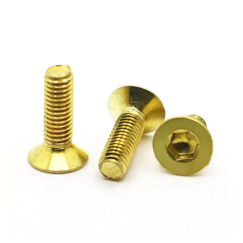Brass Dlat Hex Socket Countersunk Head Bolts Set M3 To M8, 30mm Length, 2-5 Pieces, Metric Threads 0.5 0.7 0.8 1.0 1.25, Great For Woodworking, Metalworking And DIY Projects. Brass countersunk hex socket bolts shown in close-up.
