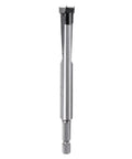 Pro Grade Forstner Drill Bit 12mm 15/32 Inch Tungsten Carbide Woodworking Bore With 1/4 Hex Shank, side view showing sharp cutting edge.