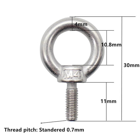 Ten Pack M4 Ring Eye Bolts, Heavy Duty 304 Stainless Steel, Shoulder Lifting, Male Thread, 0.7 Mm Pitch, 12 Mm Thread Size, Silver