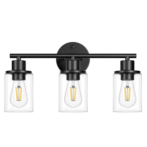 Three-Light Black Bathroom Wall Light With Clear Glass Shades, Modern Vanity Light Over Mirror, Farmhouse Style Sconce