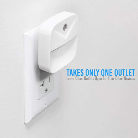 No Fuss Wall Plug In LED Night Light With Dusk To Dawn Sensor auto on off shown plugged into wall outlet, leaves plugs free
