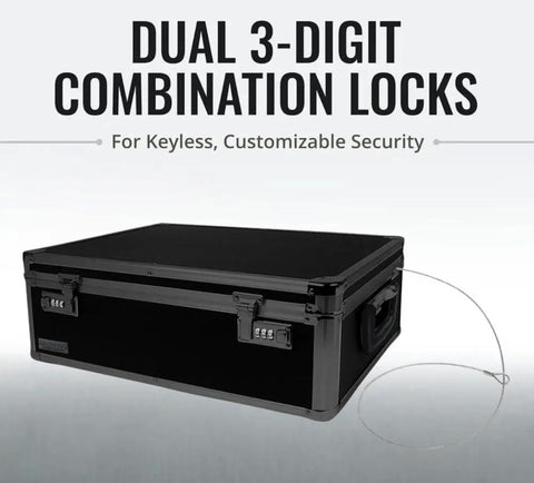 Lockable Dorm Storage Trunk With Combo Lock For Valuables, Heavy Duty Box With Metal Corners, Ideal For Cash, Docs, Passports, Meds, Laptop And Personal Items, Black On Black.