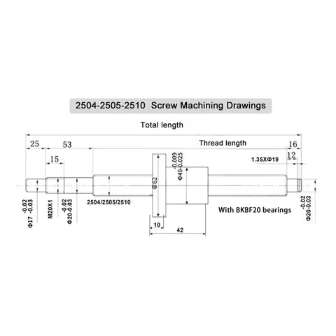Locks Right In Place Left Hand Ball Screw Kit With Bf20 Support Set For Cnc Mills And Laser Routers Sfu2510 C7 Grade technical drawing with dimensions.