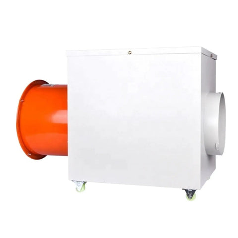 Heavy Duty Induction Heater For Industrial Barns And Greenhouses With Electric Fan Air Blower To Warm Poultry Houses and Chicken Coops side view.