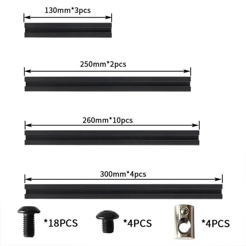 Set of Radical 2020 Aluminum Extrusion Frame Kit For 3D Printers built tough with various lengths and screws for assembly.