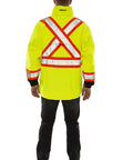 Back view of High Visibility Jacket With Detachable Hood For Outdoor Work Extra Large Fluorescent Yellow Green And Black ANSI ISEA 107 Type R Class 3