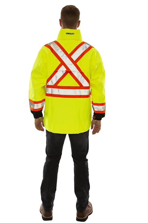 Back view of High Visibility Jacket With Detachable Hood For Outdoor Work Extra Large Fluorescent Yellow Green And Black ANSI ISEA 107 Type R Class 3