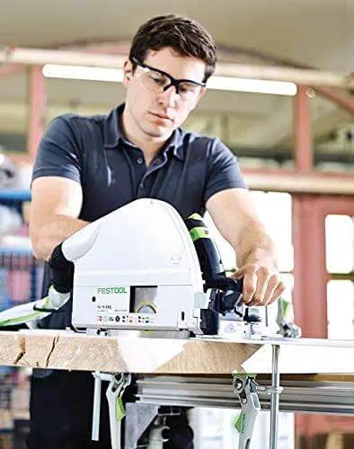 Precision Plunge Saw Featuring Slick Blade Swap Tech And Anti Splinter Guard For Crisp Cuts On Any Build being used for precise cuts.