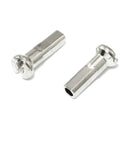 Close-up of 36 Pack 14mm Spoke Nipples for 14G Mountain Bike Wheels, Silver Carbon Steel, Built Tough and Rust Resistant.
