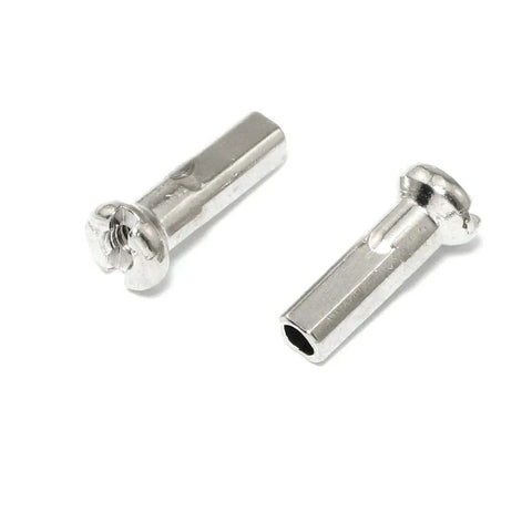 Close-up of 36 Pack 14mm Spoke Nipples for 14G Mountain Bike Wheels, Silver Carbon Steel, Built Tough and Rust Resistant.
