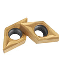 Two gold DCMT070204 diamond carbide lathe inserts with center hole