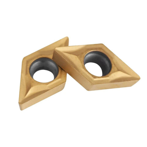 Two gold DCMT070204 diamond carbide lathe inserts with center hole