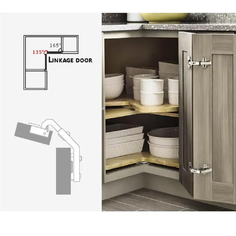 Top Shelf 135 Degree Corner Cabinet Hinges Soft Close Bi Fold Kit showing internal storage layout and linkage door design.