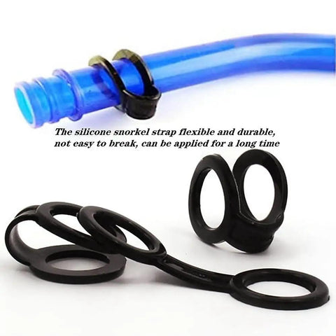 Close-up of black silicone double-loop snorkel keeper and blue tube from 8 Pack Dope Snorkel Keeper Clips Set For Snorkeling And Scuba Gear.