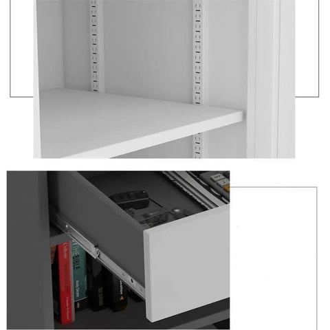 Interior shelves and drawers of a Locking Home Office Storage Cabinet In Heavy Duty Steel, Multifunction File Cabinet For Letter, Legal, And A4.