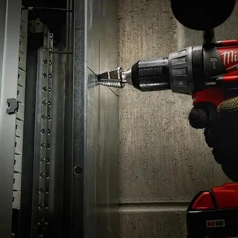 Step Drill Bit No 1 For Cordless Drills At Turbo Speed From One Eighth Inch To One Half Inch With Visible Size Marks Durable Dual Flute In Use