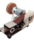 Knockout Mini Belt Sander And Slick Dual Voltage Polisher with fixed angle grinding wheel for swift knife sharpening.