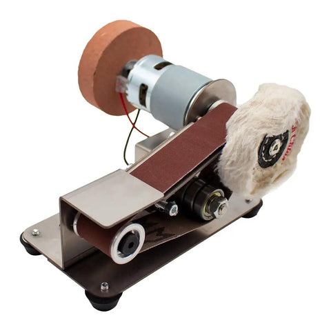 Knockout Mini Belt Sander And Slick Dual Voltage Polisher with fixed angle grinding wheel for swift knife sharpening.