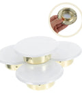 Four Pack Concealed Sprinkler Head Decorative Covers Heavy Duty Iron Protective Plates in white and gold for lawn irrigation.