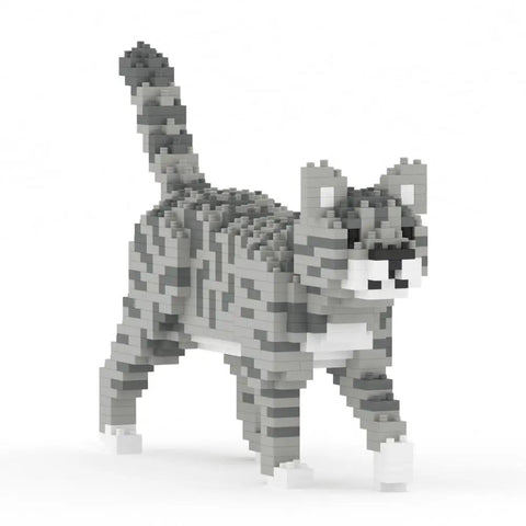 Grey Tabby Cat Mini Building Blocks Set For Teens And Adults With Over 740 Durable Plastic Pieces Interlocking Brick System Easy Build Guide A Totally Fun Craft Kit For Cat Lovers And Creative Hobbyists. Grey tabby cat plastic block model, front view