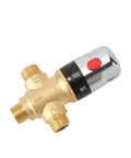 Angled view of TreMax thermostatic mixing valve with brass body and chrome cap, NPT threads, 95–100°F scale, gold finish.