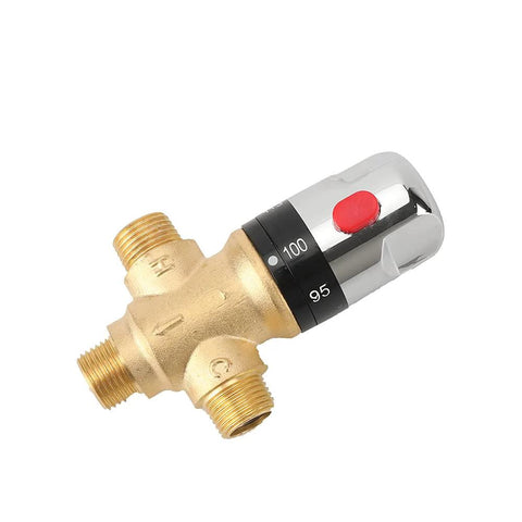 Angled view of TreMax thermostatic mixing valve with brass body and chrome cap, NPT threads, 95–100°F scale, gold finish.