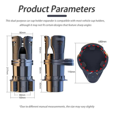 Smooth Rides Only 2 In 1 Cup Holder Expander For Rivian R1S R2 Center Console Organizer detailed dimensions and structure view.