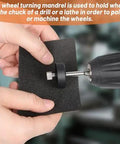 Wheel Turning Mandrel Tool For Pinewood Derby Cars With 20 Sandpaper Sheets in use with drill for wheel polishing