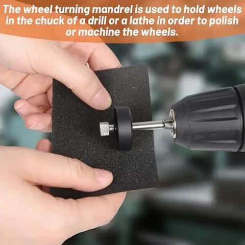 Wheel Turning Mandrel Tool For Pinewood Derby Cars With 20 Sandpaper Sheets in use with drill for wheel polishing