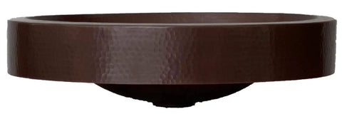 Side view of 16 By 13 Inch Oval Skirted Vessel Copper Sink Hand Hammered Pure Copper Brown Finish For Modern Bath Semi Recessed Vessel One And A Half Inch Drain Opening Eighteen Gauge Handmade In Mexico CPS10.