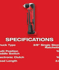 Top Shelf Cordless Right Angle Drill Compatible With M18 Battery Packs Sold As Zero Accessory Bare Tool, side view showcasing specifications.