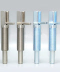 Four Kickass M10 Stainless Steel Indexing Plungers with ergonomic levers and retractable shafts, showcasing different finishes.