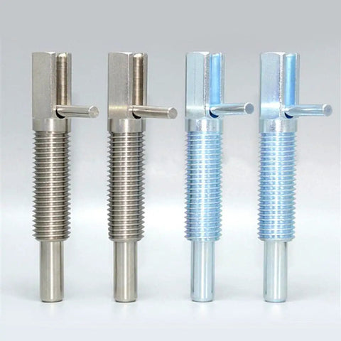 Four Kickass M10 Stainless Steel Indexing Plungers with ergonomic levers and retractable shafts, showcasing different finishes.
