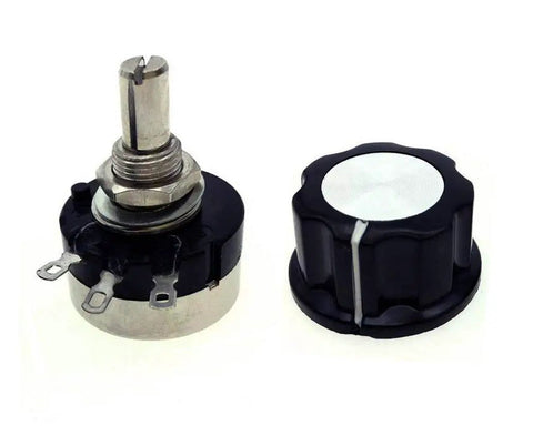 5K Ohm 6mm Shaft Rotary Taper Potentiometer With Knob, Carbon Film, Single Turn, 3 Terminals, Round Shaft, Compact 25x14mm Body