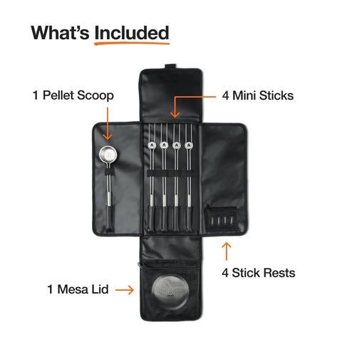 Mesa Outdoor Fire Pit Accessory Pack With 4 Stainless Steel Mini Sticks Stick Rests Pellet Scoop Lid And Carry Case.