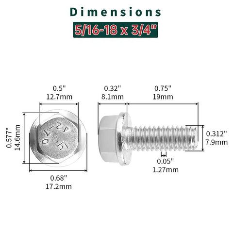 Heavy Duty Rust Resistant 304 Stainless Steel Flanged Hex Bolts With Integrated Flange 5/16 18 Thread 3/4 Length Grip dimensions image.